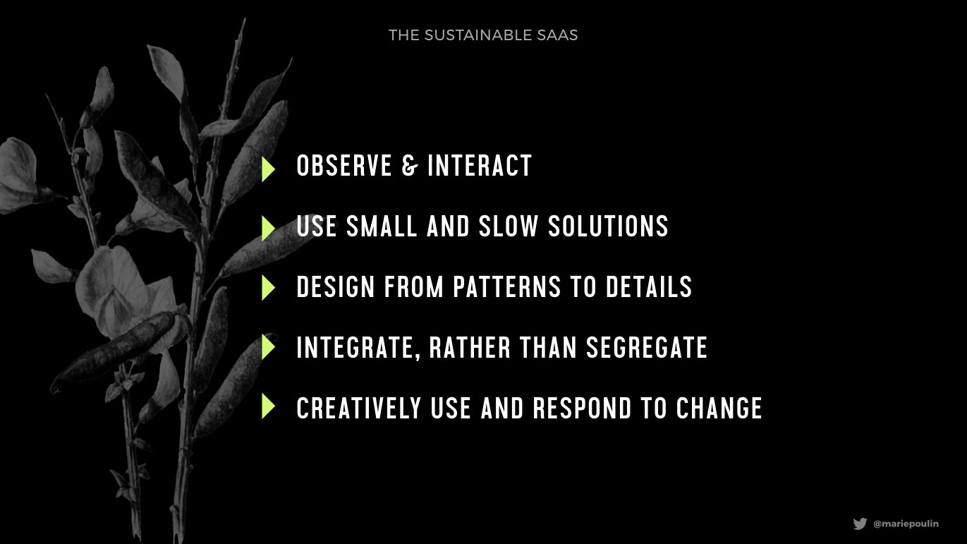 Slide from Marie's MicroConf talk on sustainable SaaS design