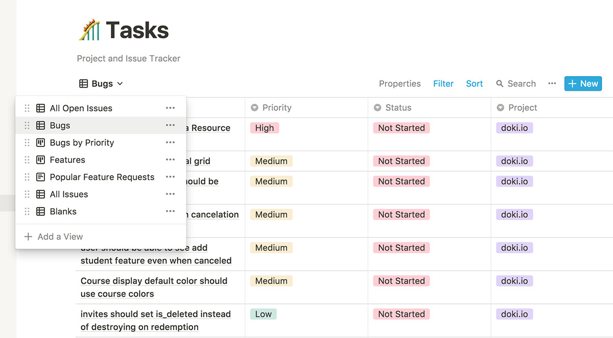 Master Tasks Database View